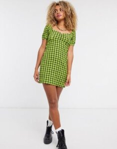 Noisy May skater dress with puff sleeves in green check-Black
