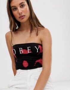 Obey bandeau crop top with logo front in bleach wash-Black