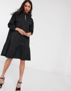 Object high neck tiered midi smock dress in black