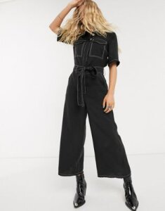 Object utility jumpsuit with contrast stitch and wide leg in black
