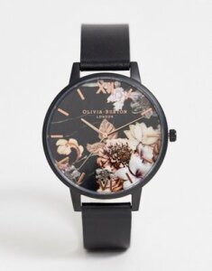 Olivia Burton Shoreditch leather watch with dark floral dial-Black