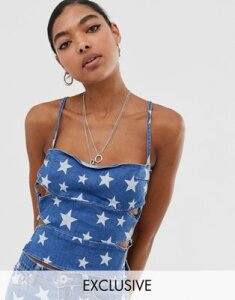 One Above Another strappy top in star print denim two-piece-Blue