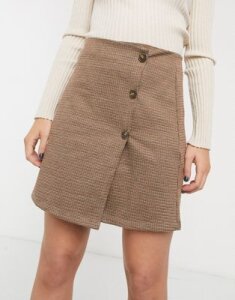 Only check mini skirt with buttons-Beige