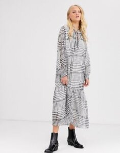 Only check smock maxi dress with tie neck detail-Multi