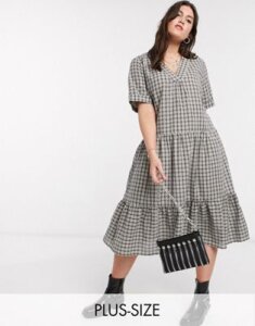 Only curve midi smock dress with tiered skirt in gray check-Multi