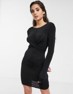 Only long sleeve glitter bodycon dress with knot front-Black
