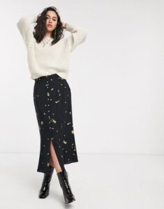 Only midi skirt with button through in black ditsy floral-Multi