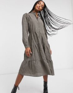 Only midi smock dress with high neck in check-Multi