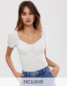 Only polka dot volume sleeve top with cup detail-Brown