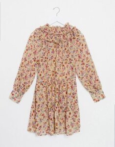 Only smock dress with ruffle neck in beige floral