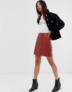 Only textured faux leather zip through skirt-Brown