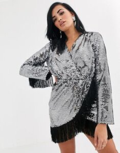 Opulence England premium party long sleeve sequin fringe mini dress in silver-Black