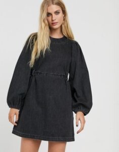 & Other Stories denim balloon sleeve mini dress in washed black