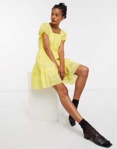 & Other Stories eco cotton square neck smock dress in yellow-Blue