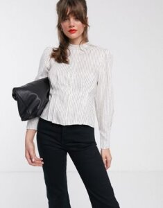 & Other Stories metallic stripe puff sleeve high-neck blouse in white