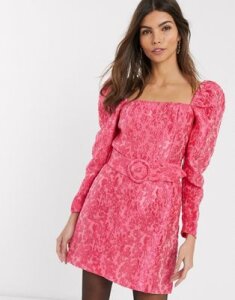 & Other Stories puff sleeve belt detail mini dress in pink floral jacquard
