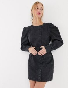 & Other Stories puff sleeve button-detail denim mini dress in washed black