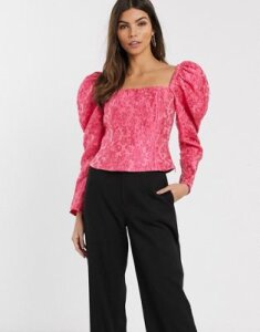 & Other Stories puff sleeve cropped top in pink floral jacquard