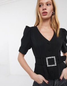 & Other Stories rhinestone buckle short sleeve blouse in black