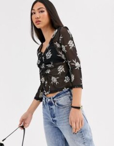 & Other Stories sheer floral ruched top in black