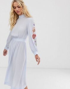& Other Stories sheer sleeves floral embroidered midi dress in light blue