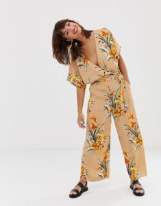 & Other Stories wrap jumpsuit in tropical flower print-Beige