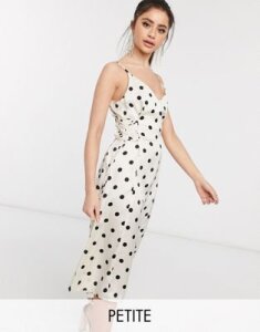 Outrageous Fortune Petite midi slip dress with lace up side detail in cream polka