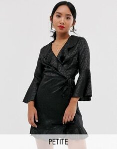 Outrageous Fortune Petite ruffle wrap dress with fluted sleeve in black leopard