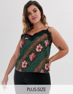 Outrageous Fortune Plus lace trim cami top in scarf print-Multi