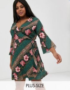 Outrageous Fortune Plus ruffle wrap dress with fluted sleeve in scarf print-Multi