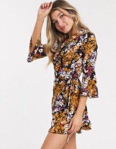Outrageous Fortune ruffle wrap dress with fluted sleeve in floral print-Multi