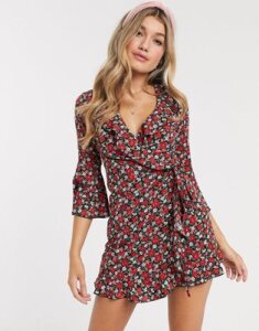Outrageous Fortune ruffle wrap dress with fluted sleeve in rose ditsy print-Multi