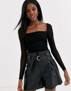 Outrageous Fortune square neck body with sheer sleeve in black