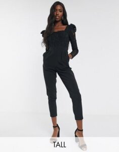 Outrageous Fortune Tall lace sleeve corset top jumpsuit in black