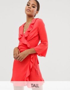 Outrageous Fortune Tall ruffle wrap dress with fluted sleeve in burnt orange