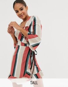 Outrageous Fortune Tall ruffle wrap dress with fluted sleeve in stripe print-Multi