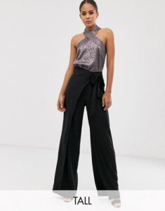 Outrageous Fortune Tall split leg wrap pants in black-Brown