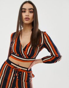 Outrageous Fortune wrap front crop top two-piece in stripe print-Multi