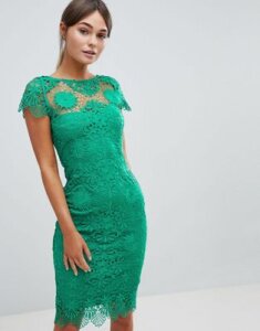 Paper Dolls Cap Sleeve Crochet Lace Pencil Dress-Green