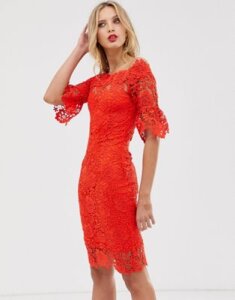 Paper Dolls off shoulder crochet dress with frill sleeve-Red