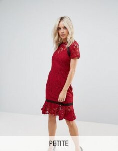 Paper Dolls Petite Cap Sleeve Lace Dress with Crochet Trim-Red
