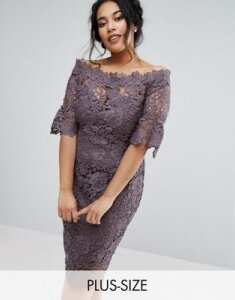 Paper Dolls Plus bardot crochet dress with fluted sleeve in charcoal-Gray