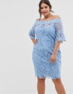 Paper Dolls Plus bardot crochet dress with fluted sleeve in powder blue