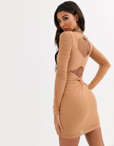 Parallel Lines bodycon dress with ruched detail-Brown