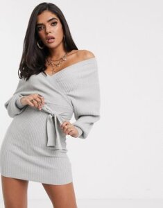 Parallel Lines knitted wrap mini dress with cut out back-Gray