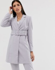 Parallel Lines longline tailored blazer coord with belt in soft gray-Blue