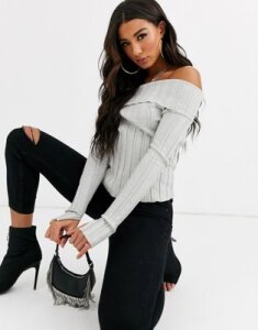 Parallel Lines off shoulder knitted top in rib-Gray