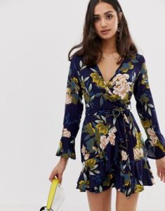 Parisian cross front dress in floral print with self tie belt-Navy