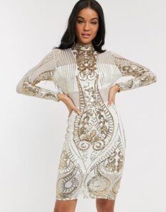 Parisian high neck midi dress with sequin embellishment-Cream