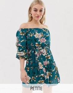 Parisian Petite off shoulder floral print dress with self tie belt-Blue